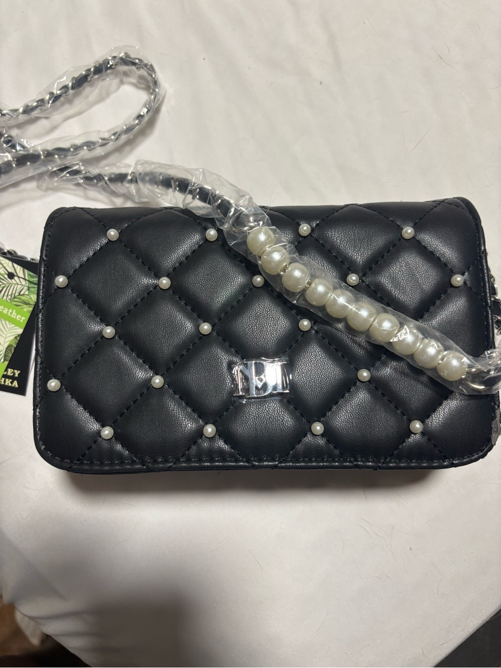 Quilted Pearl-Accent Black Crossbody Bag